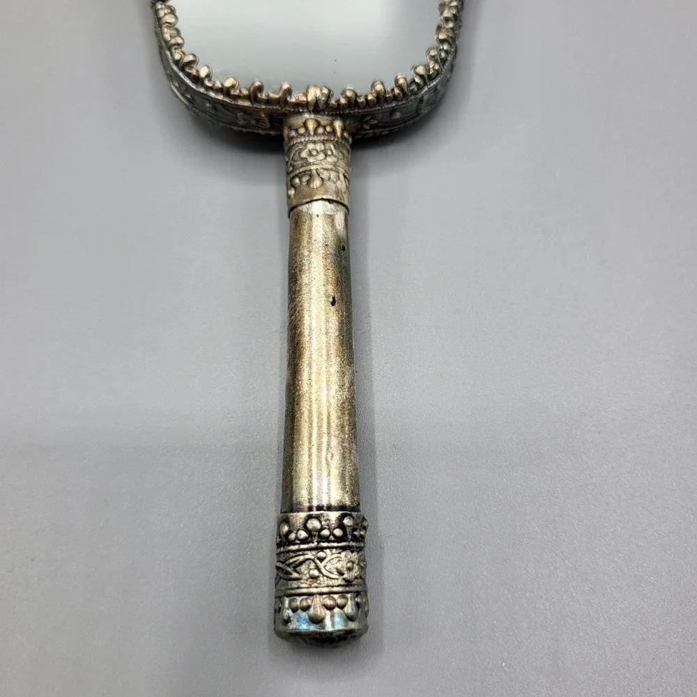 Vintage Hand Mirror Repousse Floral Dragonfly Silver Tone Ornate 6.5